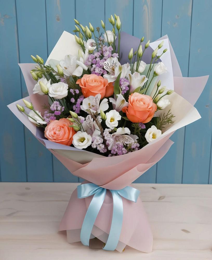 Букет цветов из: Лизиантусы, Розы, Альстромерии и Гипсофила в Малой Дубне
