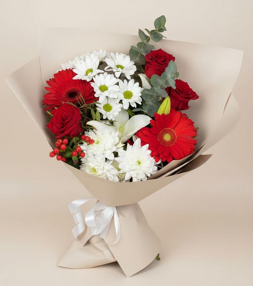 Букет цветов из: Розы, Хризантемы, Герберы и Лилии в Малой Дубне