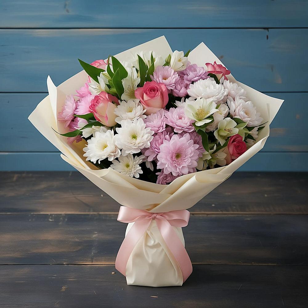 Букет цветов из: Хризантемы, Альстромерии и Розы в Малой Дубне